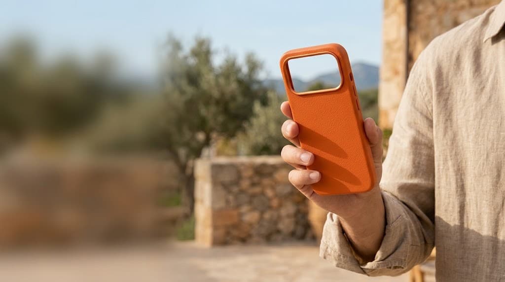 Hand holding an orange leather case outdoors